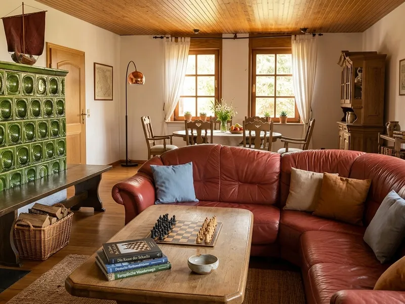 Gemütliches Wohnzimmer mit Kachelofen, Ledersofa und Fernseher